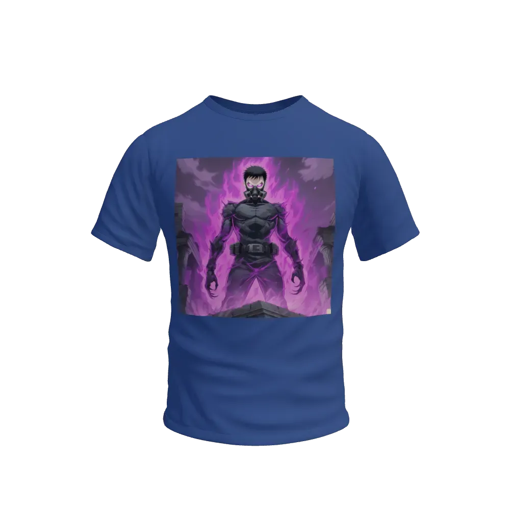 ((far  away shot))A dark shadow male superhero standing on top of ruins , wearing dark armored outfit, sinister puple eyes looking menacinly into the camer, mid shot, wearing a black gas mask, serious expression, spiky black short hair, ominous agressive purple aura flowing seemlessly around him, anime dark art, horror anime