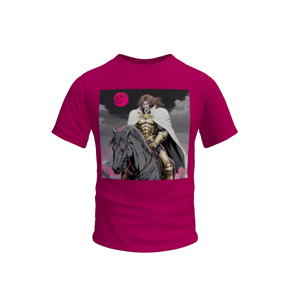 a cinematic far away shot, of a high vampire lord ,on the seat of his undead horse ,((sinister bossy expression )) ,sinister vibe , messy unkept brown hair flowing in the wind, masculine features , muscles ,attractive facial features, (white gold vampire armor with white cape) , gorgeous sleepy eyes, dead eyes look, the backround is dark cloudy sky with a blood moon , castlevania anime style ,pastel colours , glitch aesthetic , glitch 80s vibe, retro anime, red and black colours, dark anime , dark future