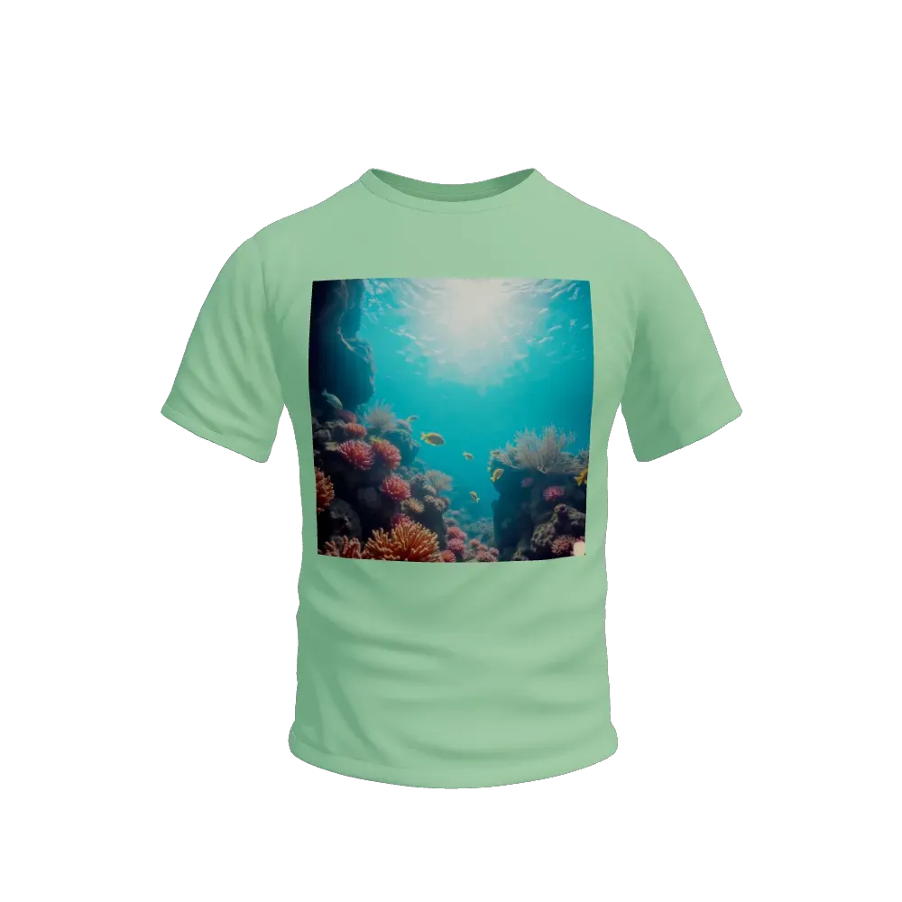 Generate an underwater seascape image capturing the beauty of the ocean depths. Include coral reefs, exotic fish, and aquatic plants, with sunlight filtering through the water to create dramatic lighting and a play of colors