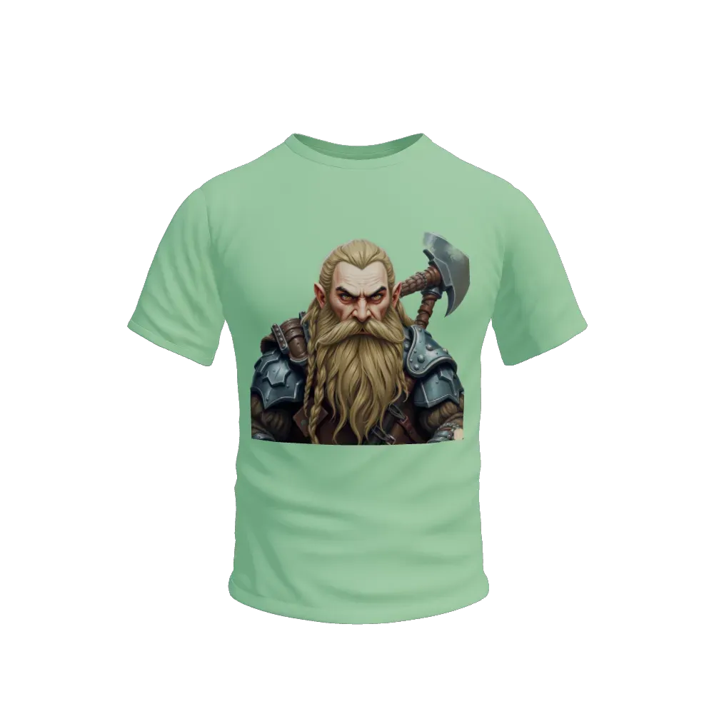 Create a portrait of a grim dwarf warrior with a long-braided beard, iron armor, and a mighty axe. Depict them in a Tolkien-esque fantasy world.