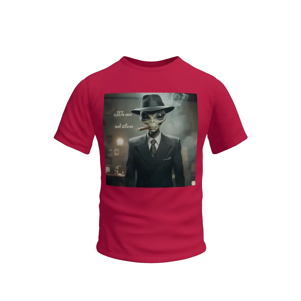 An alien with Italian mafia style clothes in dark smoking and saying we are not alone godfather style