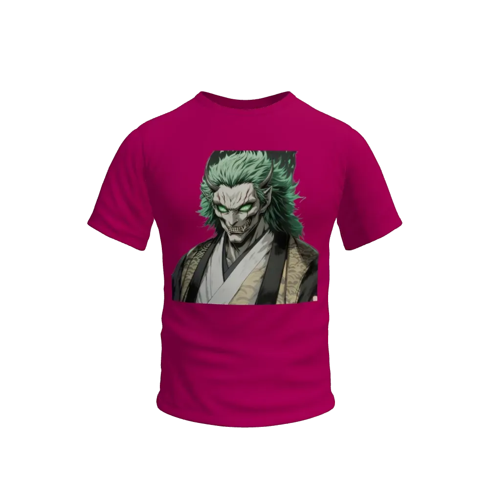 a demon king , looking epic mid shot, green hair, green eyes, traditional japanese clothing, anime style, jujutsu kaisen, dark anime strokes