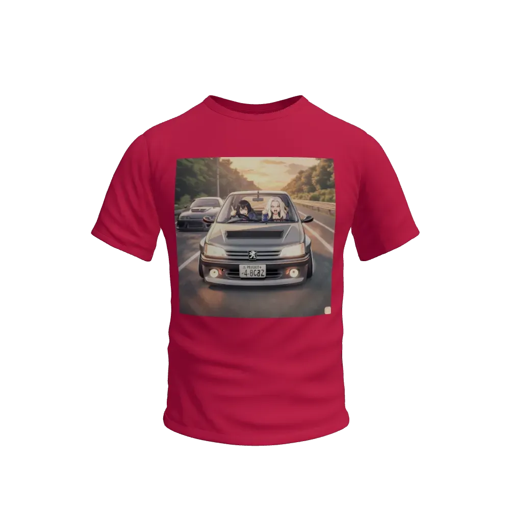 A peugeot 106 driven by an aline rising his midle finger when passing a japanese tuned car on highway at evening with realistic warm light on road in 8K