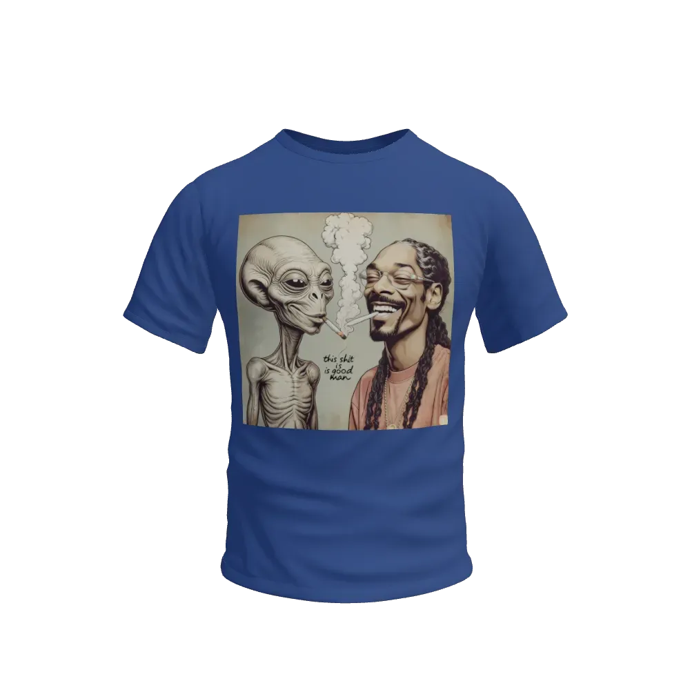 An funnz alien smoking weed and smiling to snoop dog saying “this shit is good man “