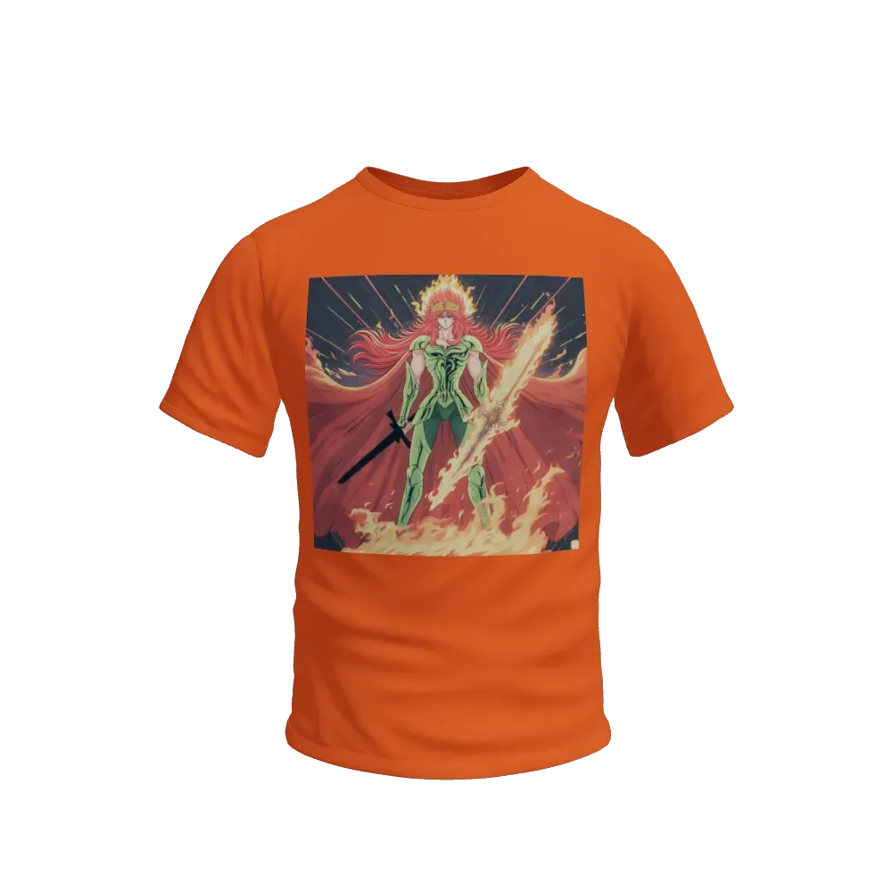 the awakend form of the prince of fire , his cape flowing in the wind, his black sword is aflame, his red hair is flowing in the wind, his green armor shining from the fire it generates, upon his head rests a fiery crown , anime eighties art style, glitch aesthetic, high quality,