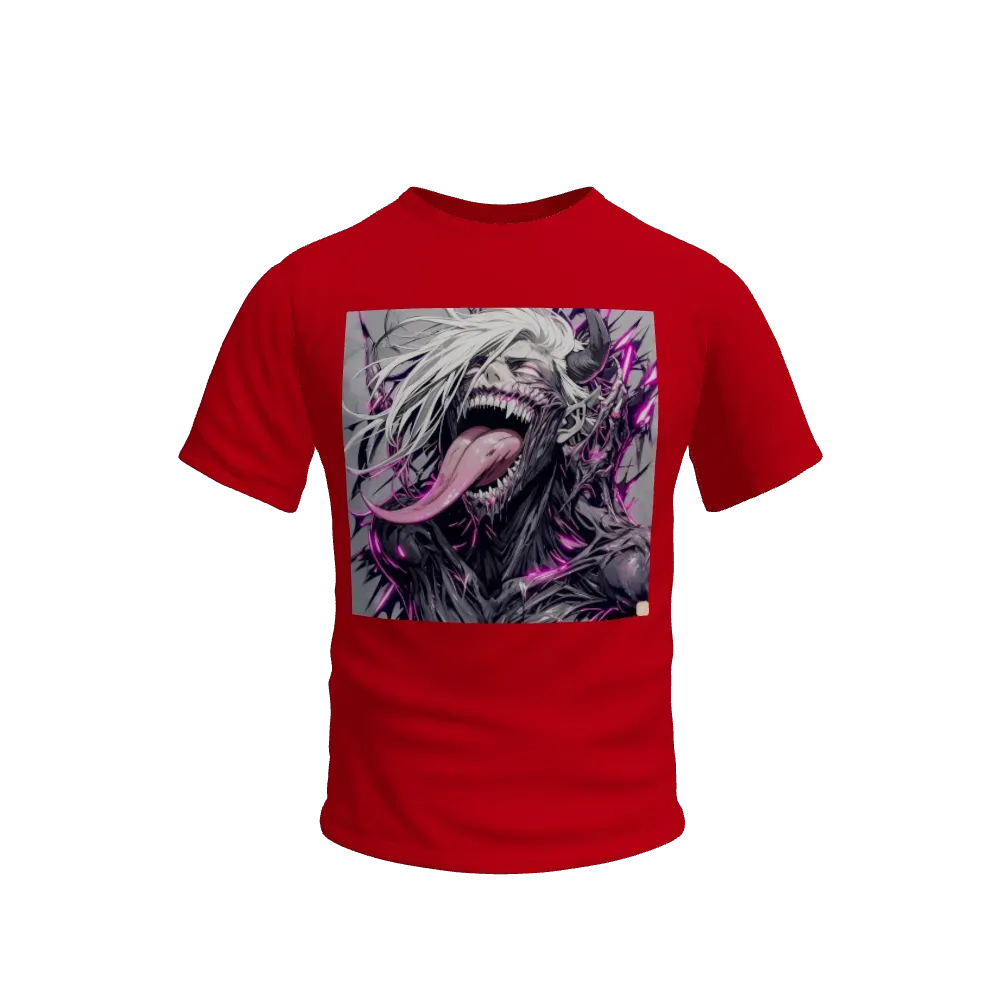 A hyper ultra demonic demon , long lush white hair ,tongue out , sharp teeth scary style , anime painting , digital art , edgy aggressive