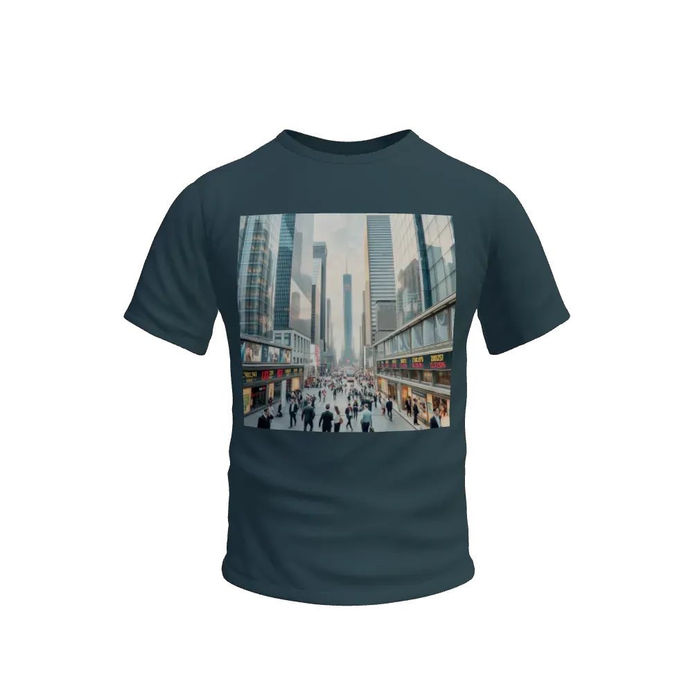 Generate an image depicting a modern city’s business and commerce scene. Showcase towering skyscrapers, bustling streets filled with professionals, and the dynamic activity of a thriving business district. Show people engaged in meetings, bustling through financial districts, and electronic tickers displaying stock market updates