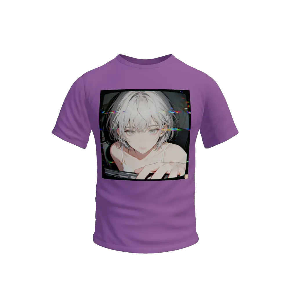 masterpiece, best quality, ultra-detailed, anime style, (illustration:1.2), 1girl, solo, (short ash-grey messy bob hair:1.4), wispy bangs, (large dull grey eyes:1.4), ennui expression, delicate pale skin, wearing white camisole, (glitch art aesthetic:1.3), chromatic aberration, tv static texture, (textless:1.5), (no text:1.5), pictorial, clean art, pure visual, (fisheye lens effect:1.4), close-up face, looking down at viewer, reaching hand towards camera, motion blur, heavy film grain, VHS tape artifacts, dark vignette borders, underground punk vibe, flash photography, high contrast shadows, album cover composition