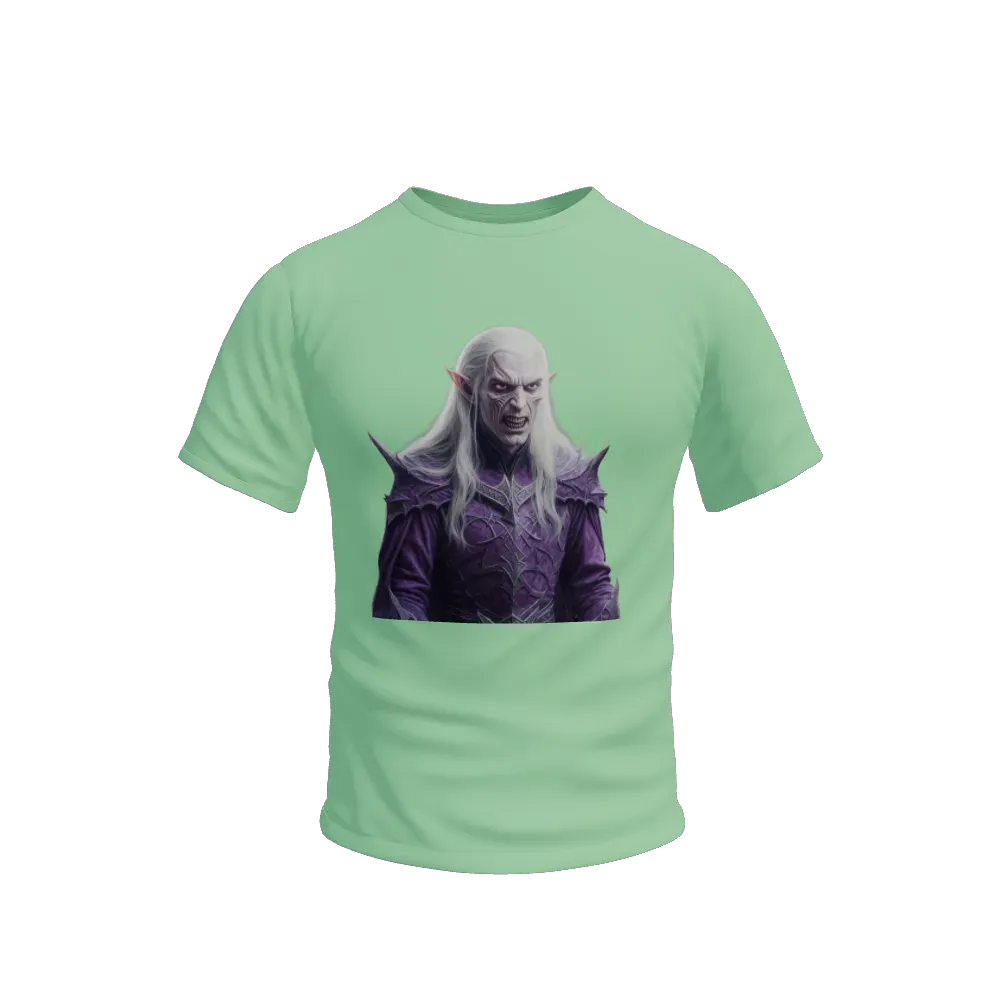 A dark elven prince, monstrous deformed face , cladded in a medieval purple armor, white hair , cinematic view of a ruined elven kingdom , night , serious evil disgusted expression