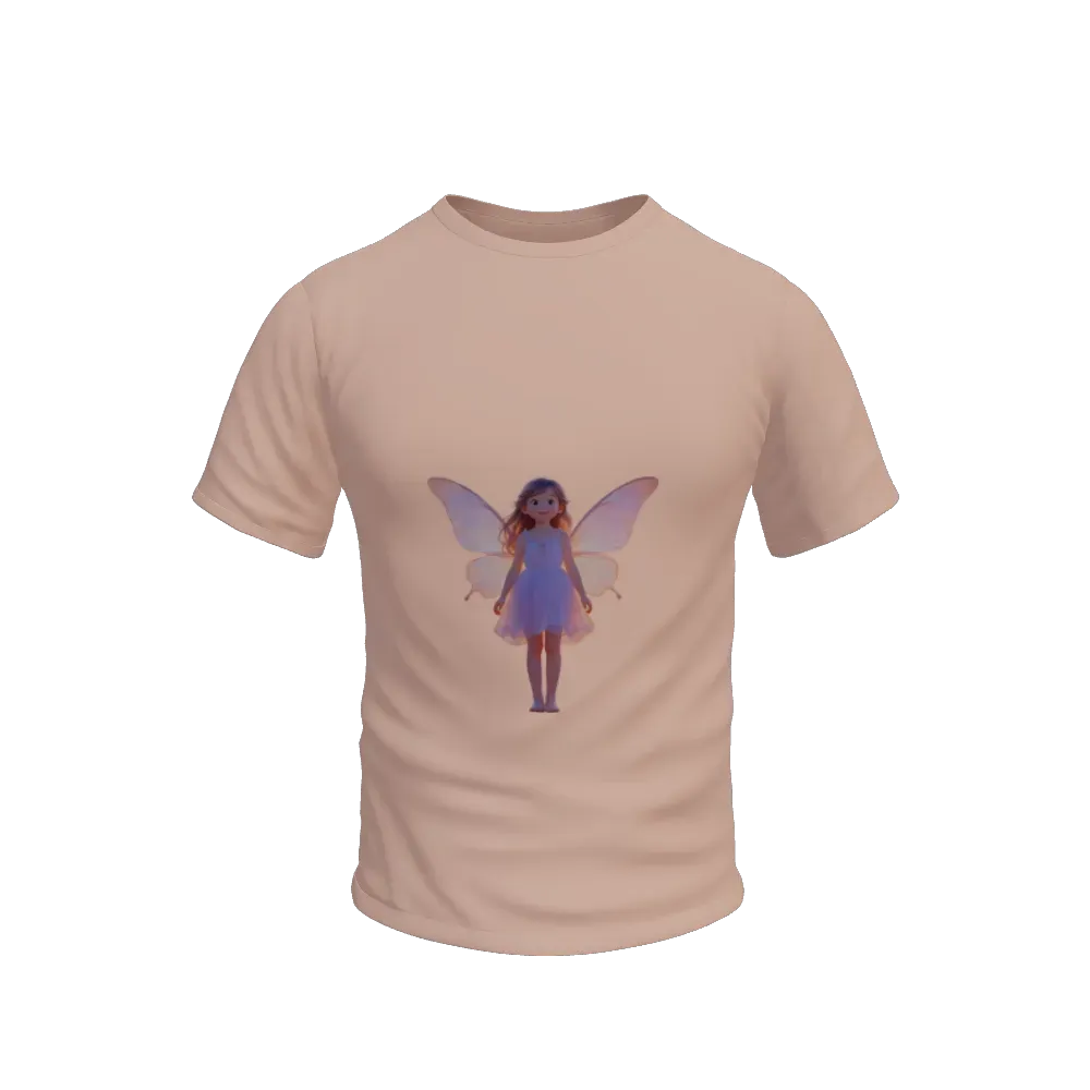Create a detailed, photorealistic illustration with a transparent background featuring an original fairy as the central figure. She should evoke a cheerful mood under soft moonlit illumination, yet bathed in a warm sunset color palette that blends oranges, pinks, and gentle purples. The scene is abstract and minimalist, with no recognizable landmarks or brands, focusing solely on the fairy and her surroundings. Compose the image symmetrically with the fairy standing at eye level in perfect balance. Use a standard digital rendering technique to achieve clean, lifelike textures on her delicate wings, flowing hair, and ethereal attire. Ensure the overall design is well-composed and ideal for high-quality product prints like apparel or posters.. Moonlit Sunset Fairy ferry