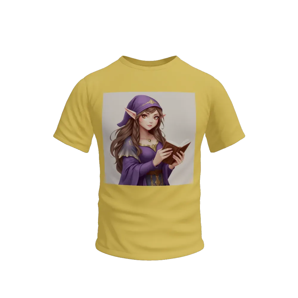A "female", elf-like humanoid, "wizard" with "bronze" skin, "dark brown" hair, "hazel" eyes, "purple" and " gold" dress, holding a "spell book"
