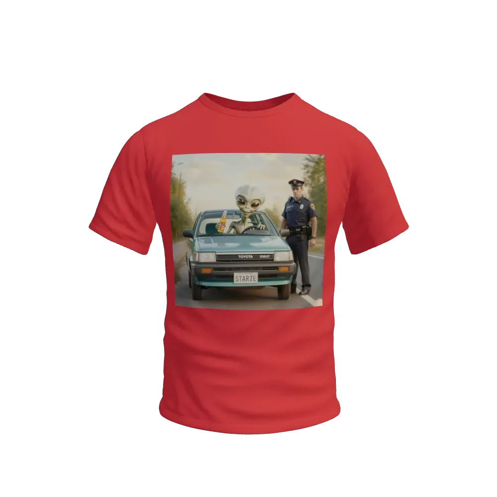 A toyota starlet with an alien driver holding a beer and smiling to the officer