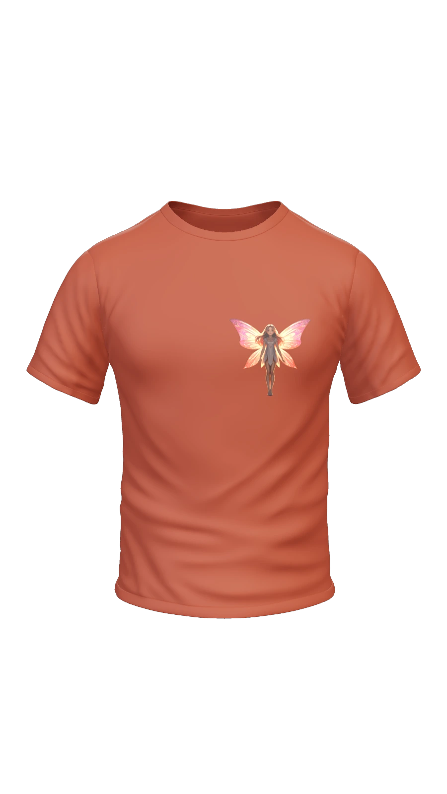 Create a detailed, photorealistic illustration with a transparent background featuring an original fairy as the central figure. She should evoke a cheerful mood under soft moonlit illumination, yet bathed in a warm sunset color palette that blends oranges, pinks, and gentle purples. The scene is abstract and minimalist, with no recognizable landmarks or brands, focusing solely on the fairy and her surroundings. Compose the image symmetrically with the fairy standing at eye level in perfect balance. Use a standard digital rendering technique to achieve clean, lifelike textures on her delicate wings, flowing hair, and ethereal attire. Ensure the overall design is well-composed and ideal for high-quality product prints like apparel or posters.. Moonlit Sunset Fairy mike